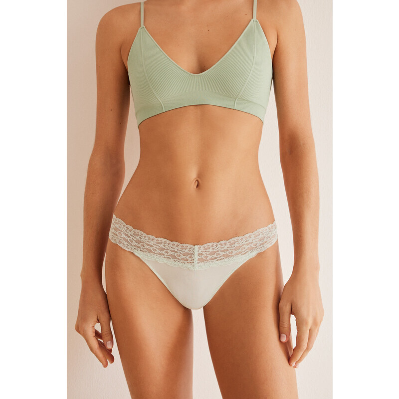 womensecret Zelené rebrované tangá s čipkou 48669878