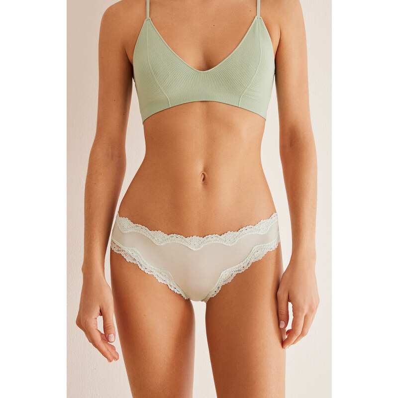 womensecret Svetlozelené brazílske nohavičky z mikrovlákna s čipkou 48669881