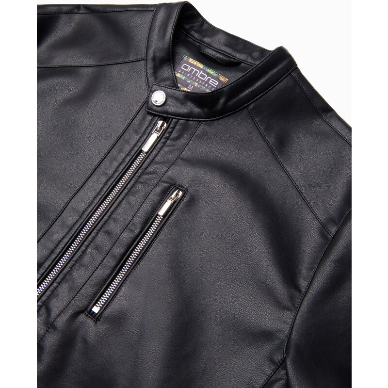 Ombre Clothing Pánska bunda z umelej kože s rebrovaným lemom - čierna V2 OM-JAFL-0109