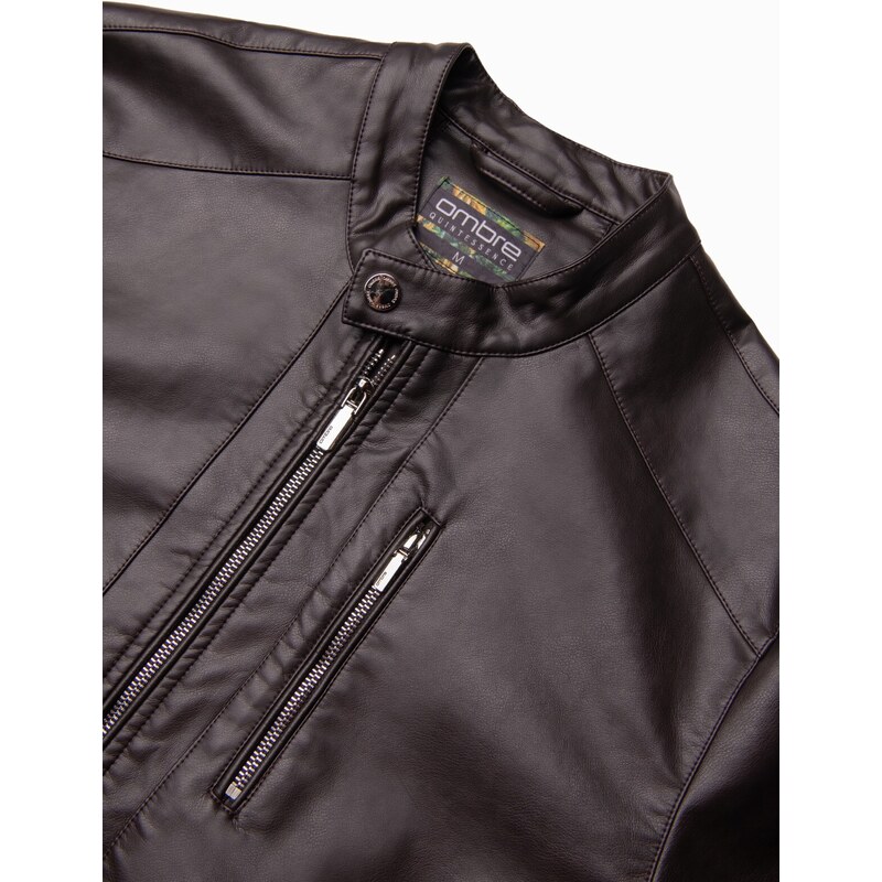 Ombre Clothing Pánska bunda z imitácie kože s rebrovaným lemom - tmavohnedá V1 OM-JAFL-0109