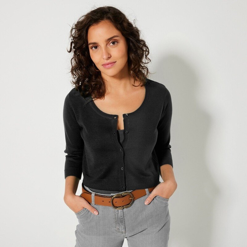 Úpletové bolerko na gombíky s 3/4 rukávmi čierna 036 Blancheporte 48125378