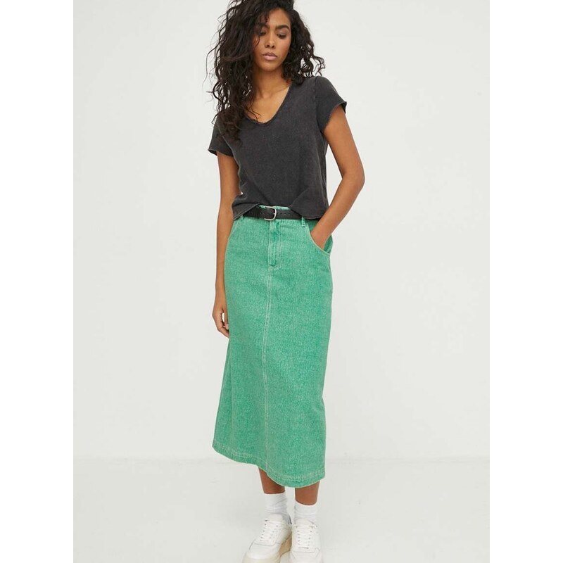 Rifľová sukňa American Vintage zelená farba, midi, áčkový strih