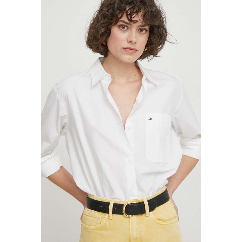 Bavlnená košeľa Tommy Hilfiger dámska,biela farba,voľný strih,s klasickým golierom,WW0WW41410