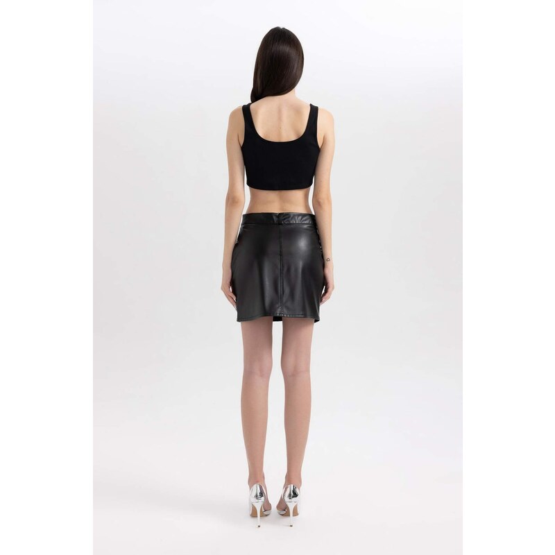 DEFACTO Coool A Cut Faux Leather Mini Knitted Skirt