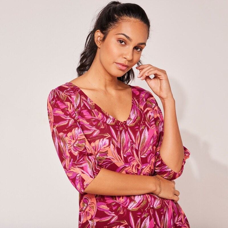 Blúzka s gombíkmi a potlačou listov malinová 036 Blancheporte 48781661