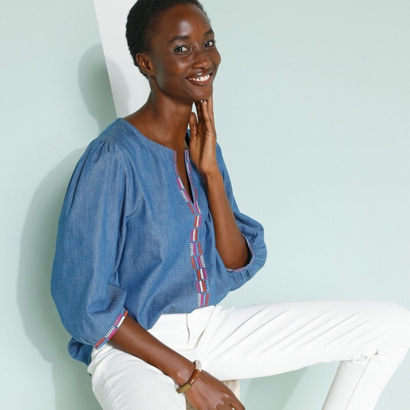 Blúzka s 3/4 rukávmi a výšivkou z džínsoviny modrá 044 Blancheporte 48781659