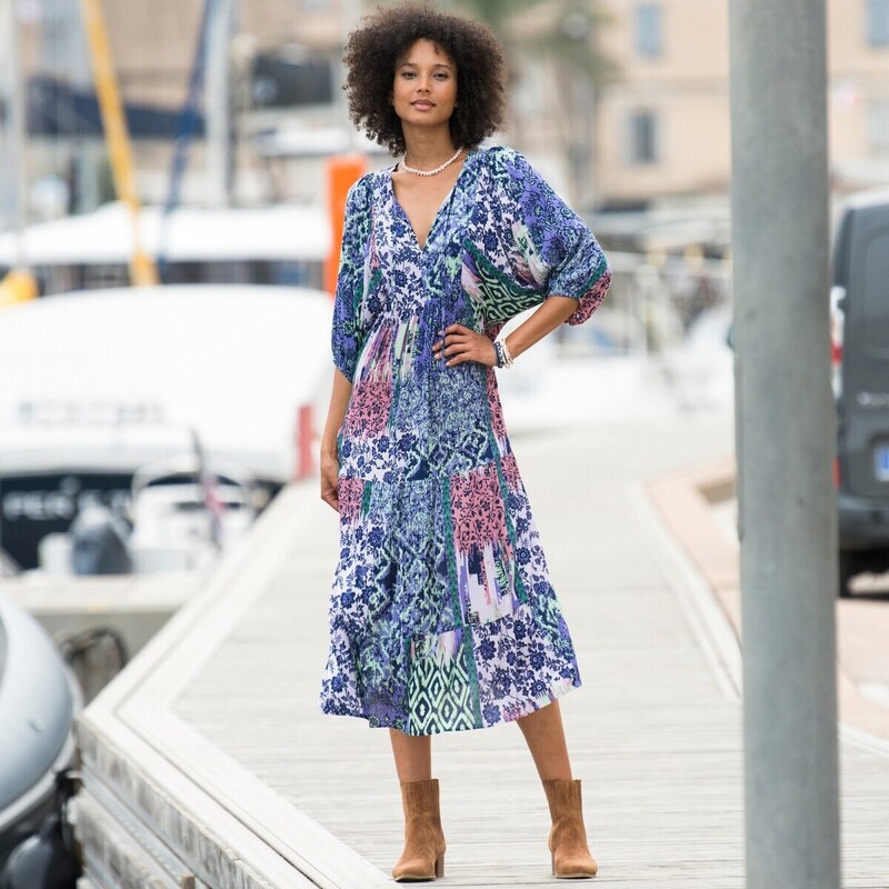 Krepónové midi šaty s potlačou indigo/lila 036 Blancheporte 66354677
