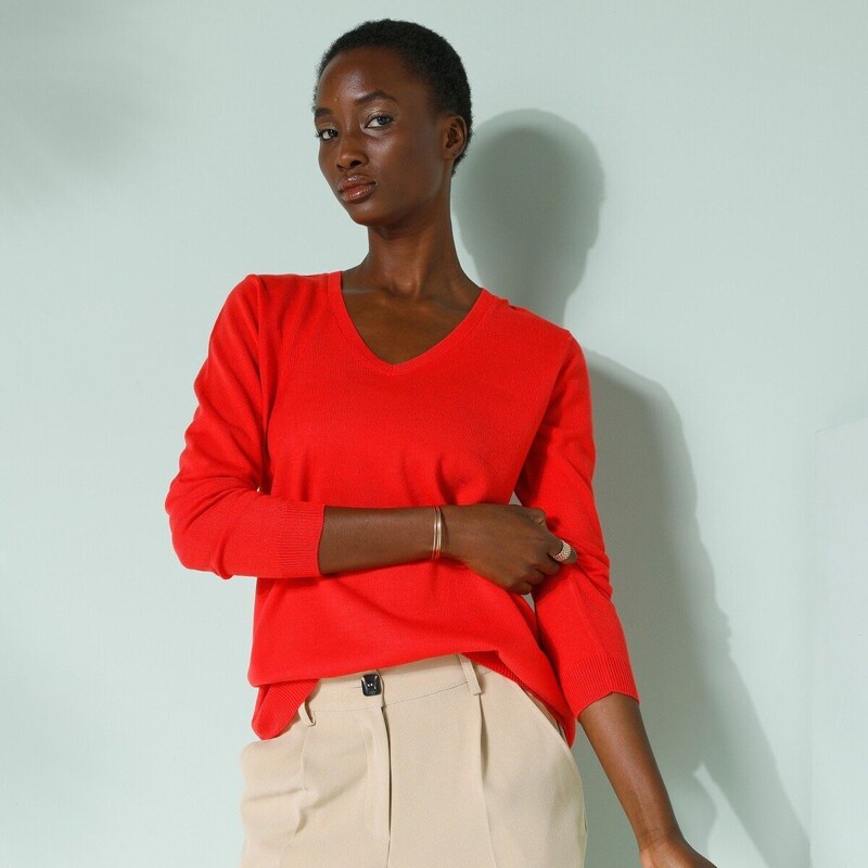 Pulóver s výstrihom do V červená 036 Blancheporte 48781928