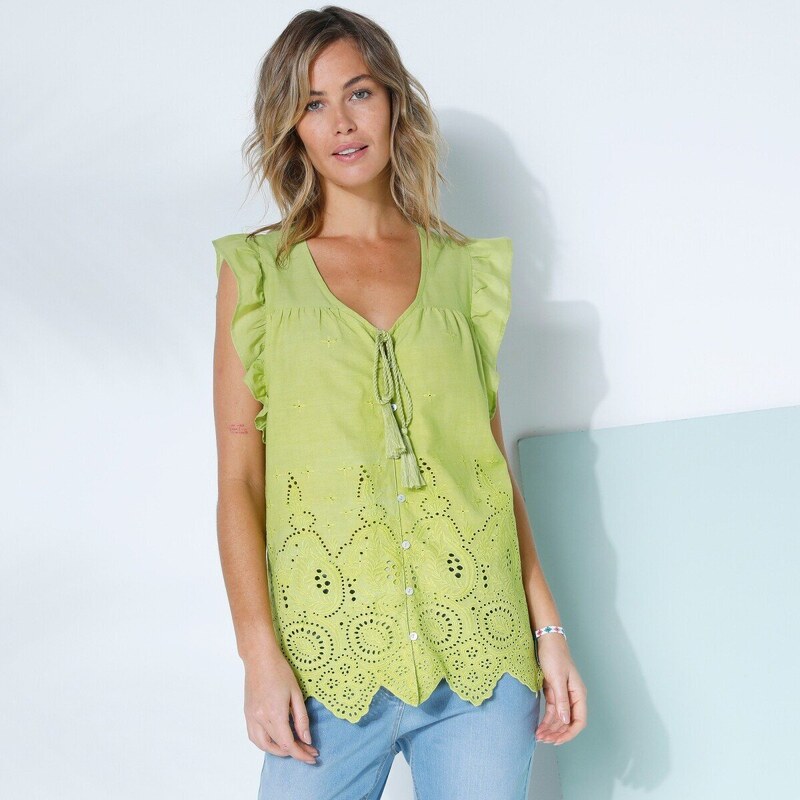 Madeirová blúzka s výstrihom do V, bez rukávov anízová 036 48782056