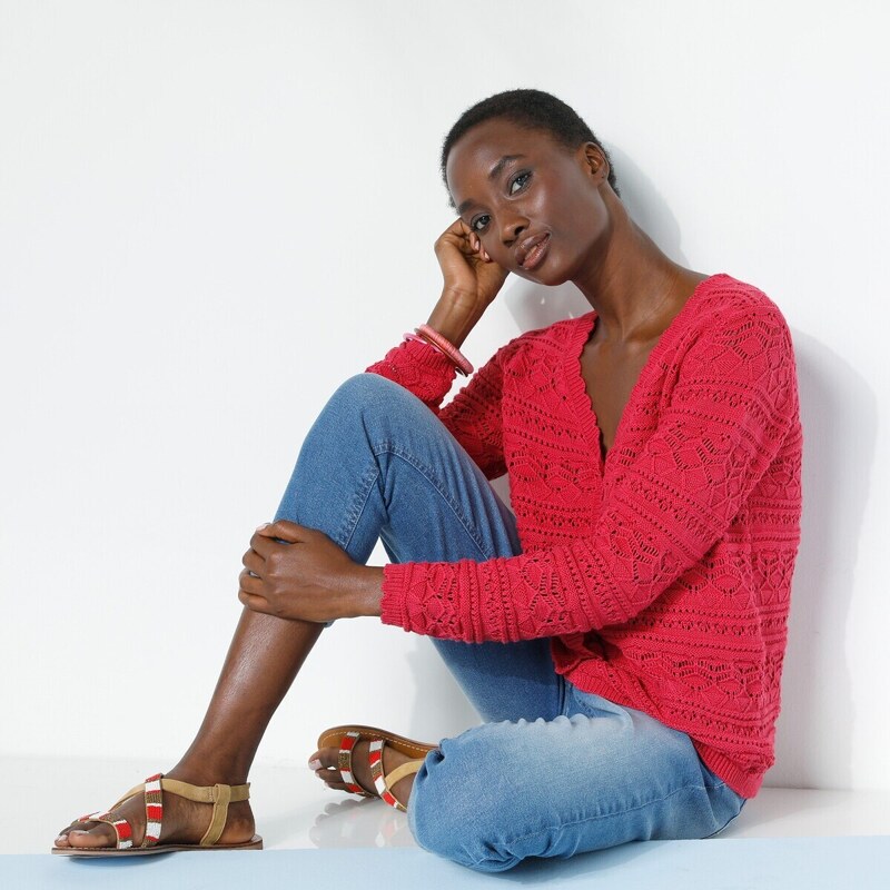 Ažúrový sveter na gombíky s výstrihom do ,,V malinová 054 Blancheporte 48782087