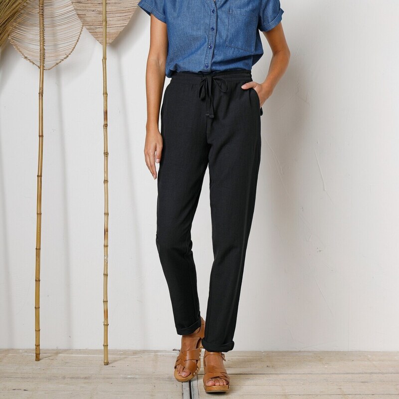 Zúžené nohavice s pružným pásom, z bavlny a ľanu čierna 048 48782140