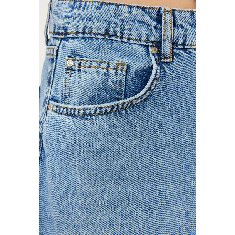 Trendyol Blue Flounce Stitch Detail High Waist Maxi Denim Skirt