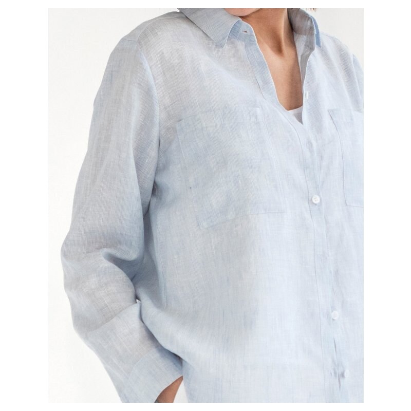 Magic Linen Ľanová košeľa CALPE s dlhým rukávom v modrej farbe Pinstripe