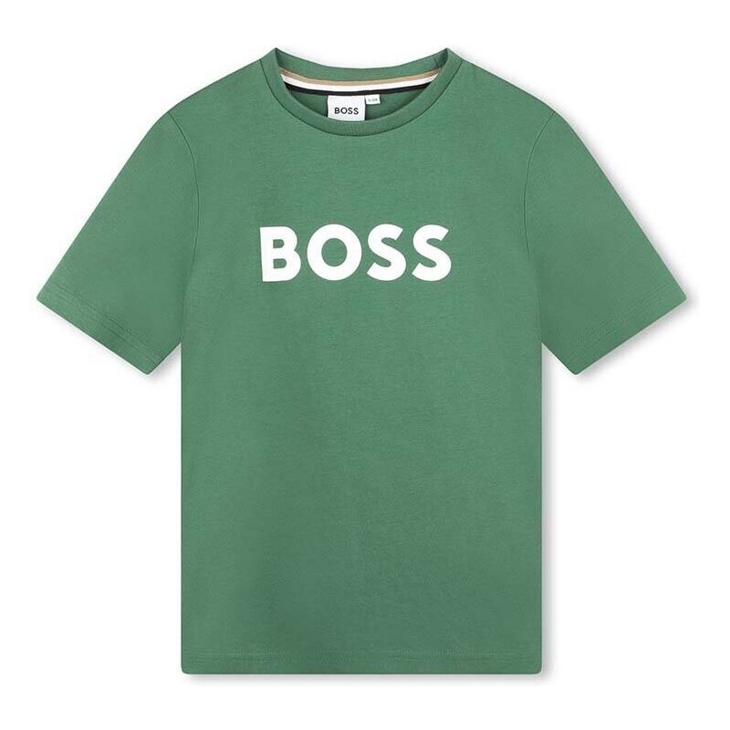 Detské bavlnené tričko BOSS zelená farba, s potlačou