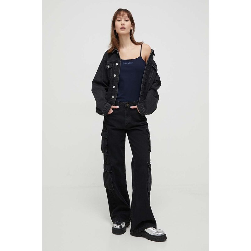 Rifľová bunda Tommy Jeans dámska, čierna farba, prechodná, oversize, DW0DW17210