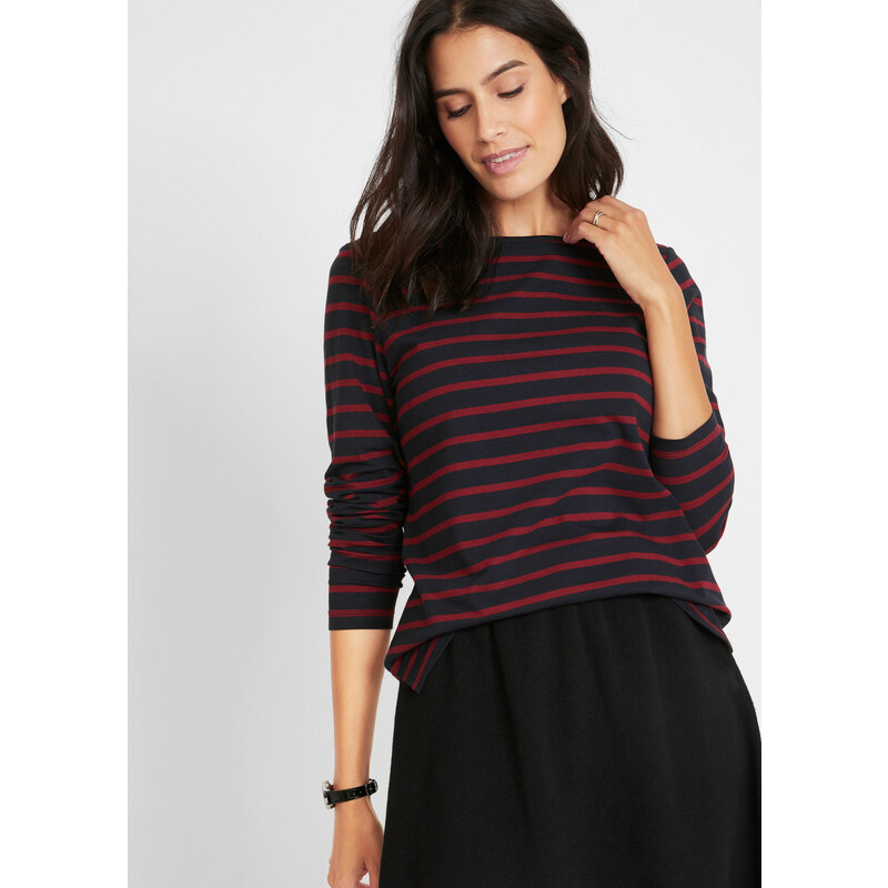 bonprix Tričko s dlhým rukávom a výstrihom do U (2 ks), farba čierna 44790374