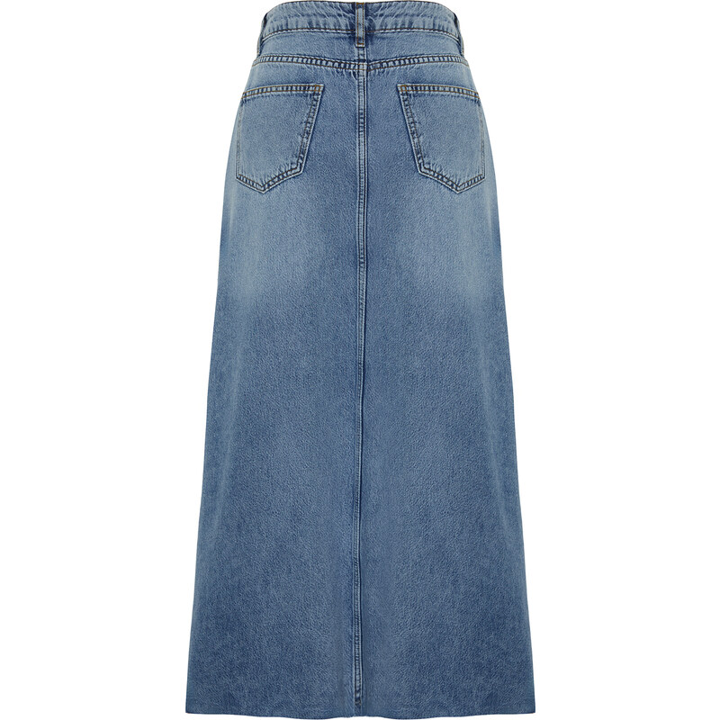 Trendyol Blue Flounce Stitch Detail High Waist Maxi Denim Skirt