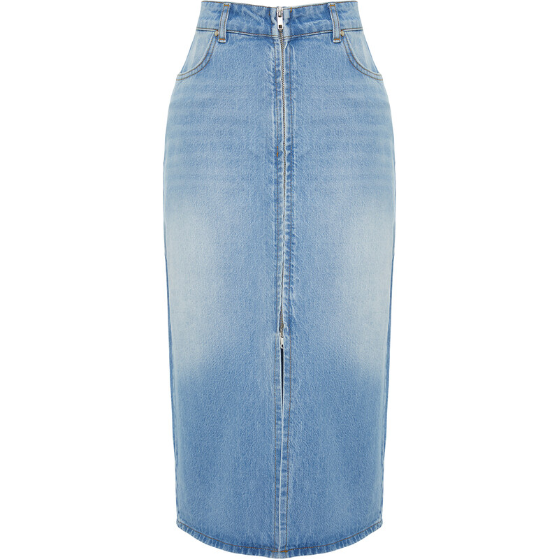 Trendyol Collection Modrá predný zips midi denim sukňa s vysokým pásom