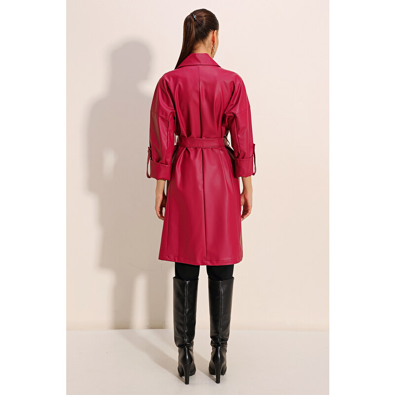 Bigdart 1034 Belted Faux Leather Trench Coat - Burgundy