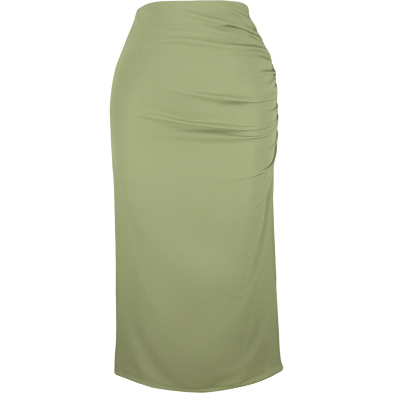 Trendyol Light Khaki Gathered Slit Detail Pencil Fit Midi Woven Skirt