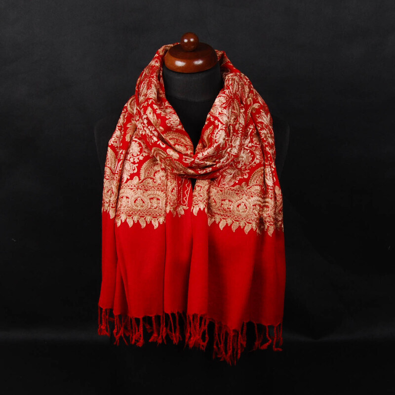 Pranita Kašmírsky vlnený šál vyšívaný hodvábom červený so zlatou a svetlohnedou farbou