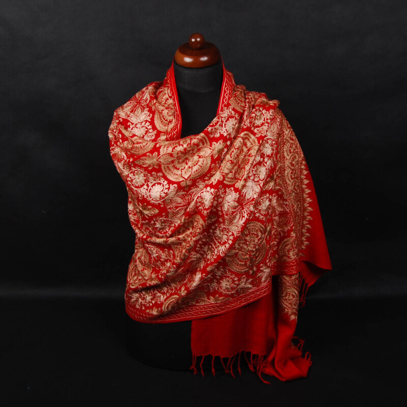 Pranita Kašmírsky vlnený šál vyšívaný hodvábom červený so zlatou a svetlohnedou farbou