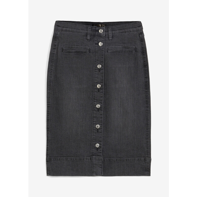 bonprix Džínsová mini sukňa s ozdobnými gombíkmi, farba čierna, rozm. 44