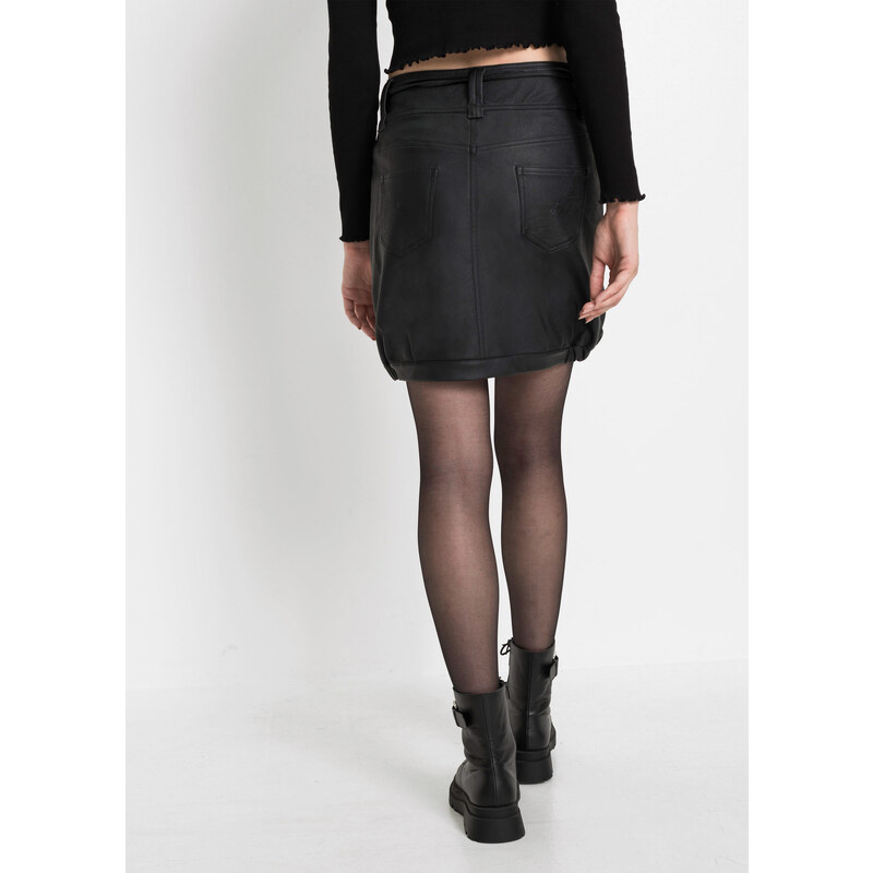 bonprix Koženková sukňa s opaskom, farba čierna