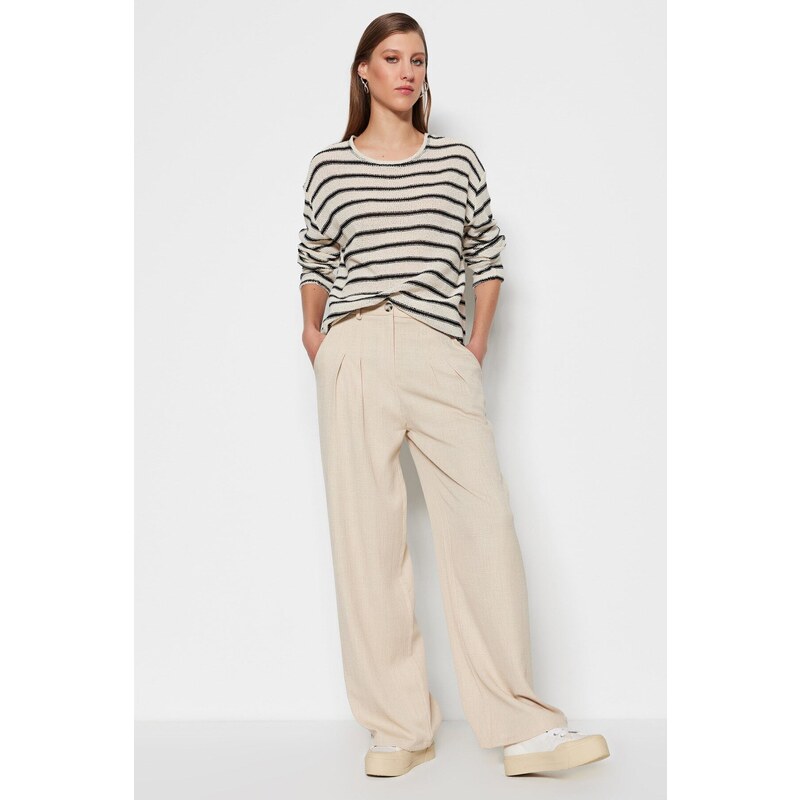 Trendyol Ecru Linen Look tkané nohavice so širokými nohavicami 50622871