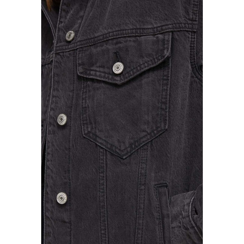 Rifľová bunda Abercrombie & Fitch dámska, čierna farba, prechodná, oversize