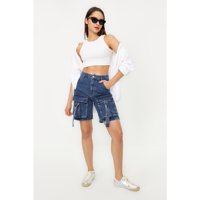 Trendyol Blue Cargo Pocket Regular Waist Denim Bermuda 50663277