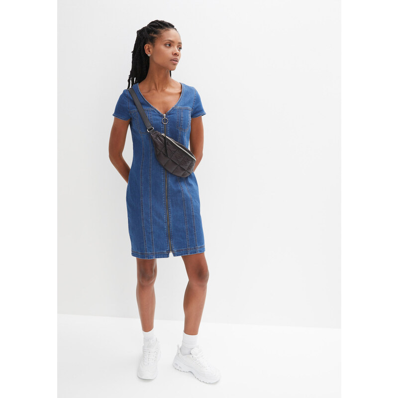 bonprix Džínsové šaty na zips, s recyklovaným polyesterom, farba modrá