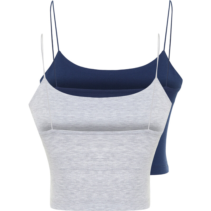 Trendyol Navy Blue-Light Gray Melange 2-Pack Cotton Spaghetti Strap Crop Flexible Knitted Undershirt
