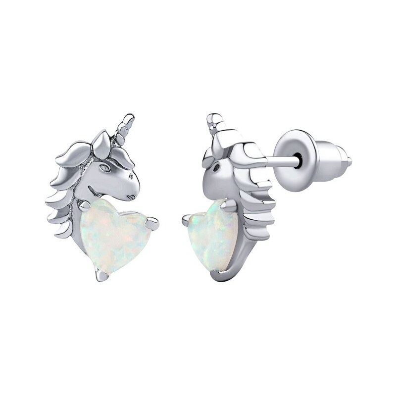 Silvego Strieborné náušnice kôstky jednorožec Esma s bielym opálom v 66586540