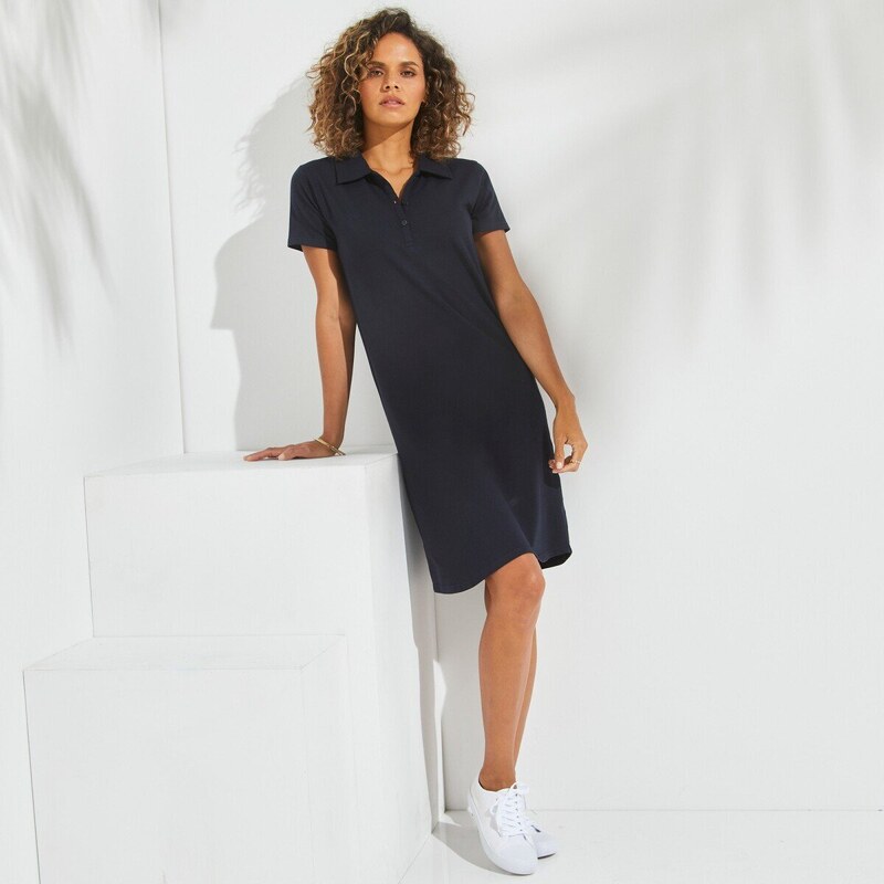 Rovné šaty zo strečového úpletu s polo golierom nám.modrá 036 48126231