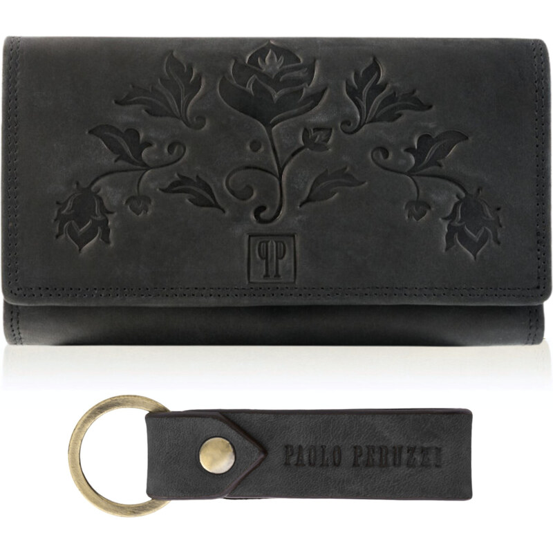 PAOLO PERUZZI Dámska kožená peňaženka a kľúčenka T-87-HBL | čierna ZUP 53911865