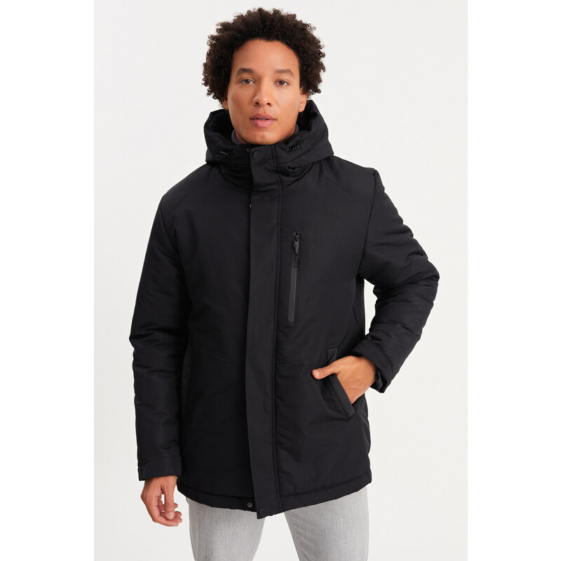 River Club Pánsky čierny nepremokavý a vetruodolný zimný kabát, kabát a parka s kapucňou