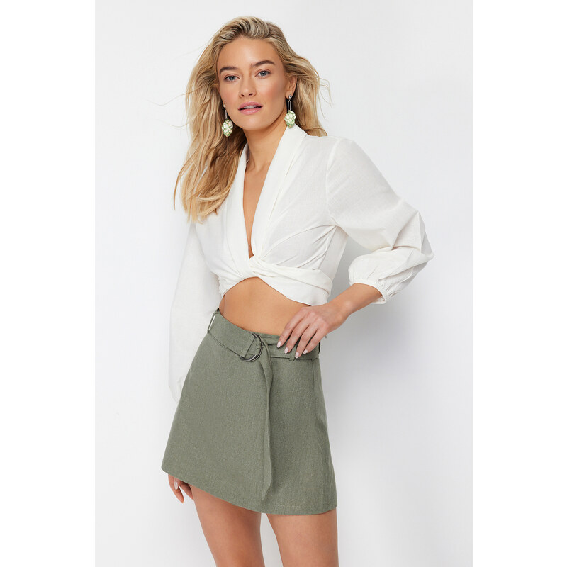 Trendyol Khaki Belted Mini Woven Linen Blend Shorts Skirt