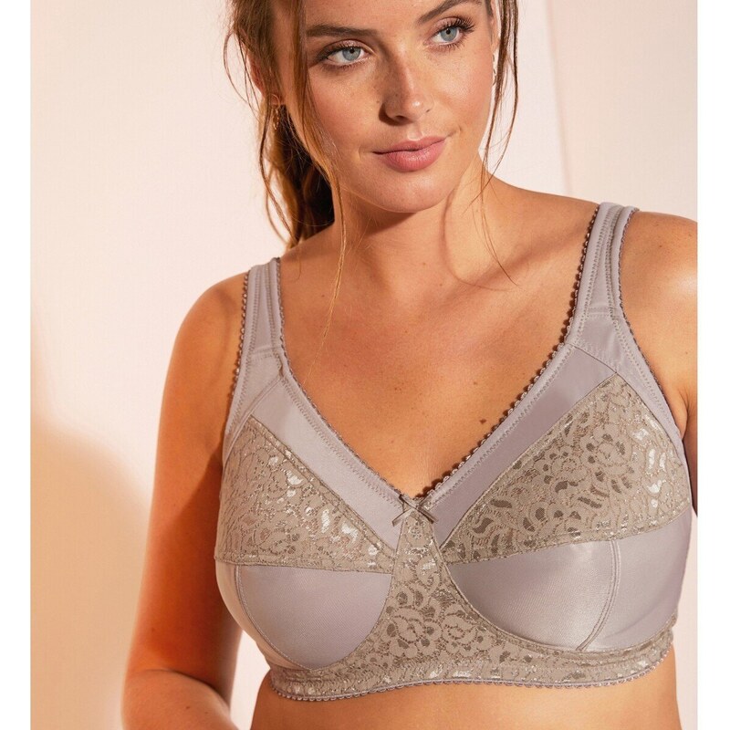 Podprsenka s vysokou oporou z úpletu a čipky, bez kostíc hnedosivá 105 62465709