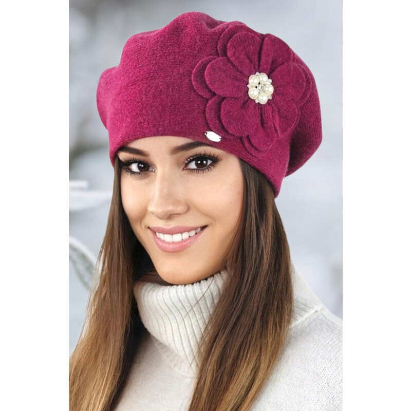 Kamea Fuksiová luxusná elegantná dámska baretka na zimu s kvetom Kalia 58415751