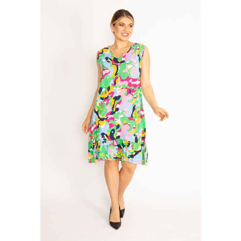 Şans Women's Plus Size Colorful Woven Viscose Fabric V-Neck Skirt Multicolored Dress