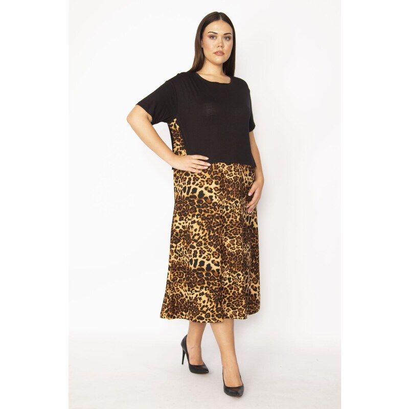 Şans Women's Plus Size Coffee Layered Dress with Patterned Skirt