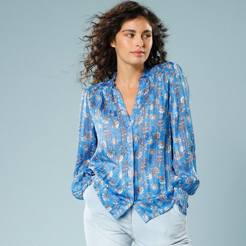 Košeľová blúzka s potlačou z pruhovaného žakáru pre nižšiu postavu 49062507