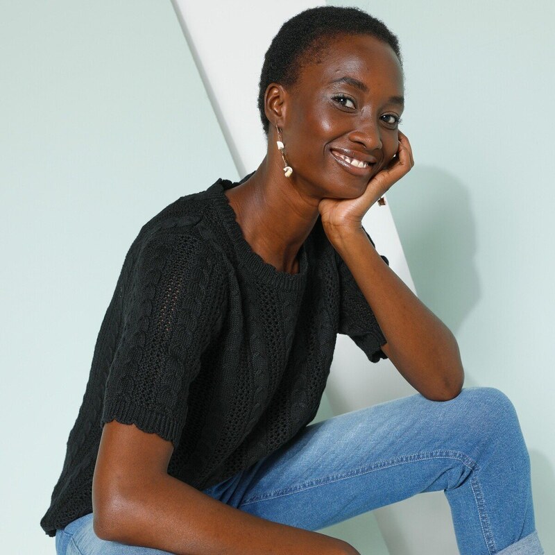 Blúzka z ažúrového úpletu s okrúhlym výstrihom čierna 044 Blancheporte 49062614