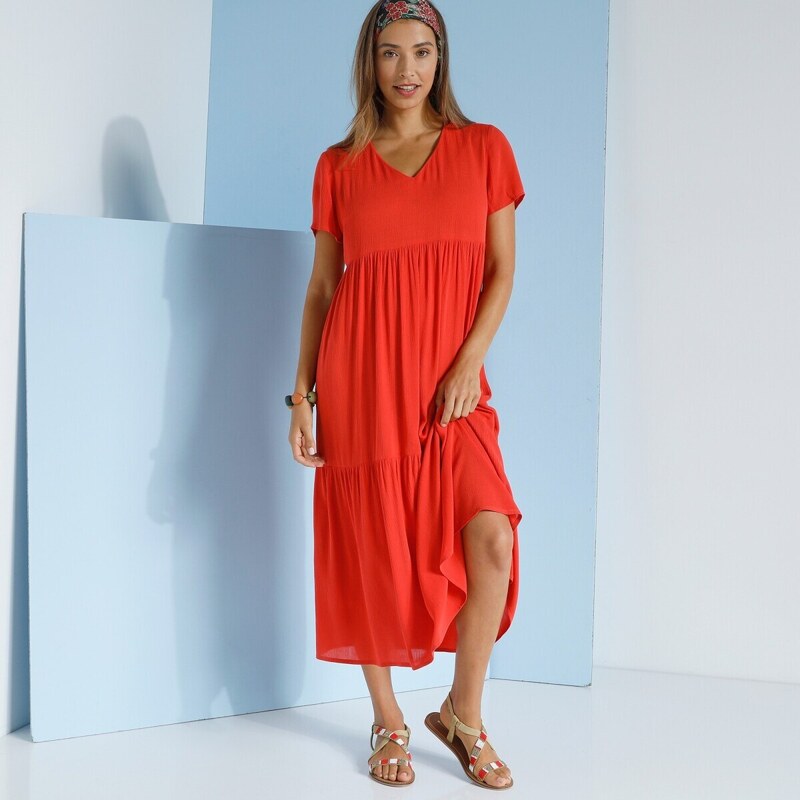 Blancheporte Jednofarebné šaty s výstrihom do "V" koralová 036