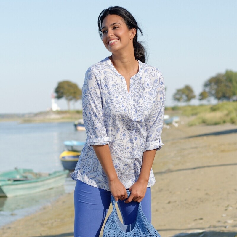 Tunika s výstrihom na gombíky a potlačou biela/modrá 038 Blancheporte 49063567