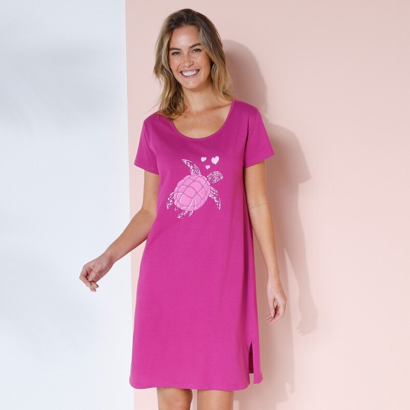 Krátka nočná košeľa s krátkymi rukávmi a potlačou korytnačky malinová 49063574