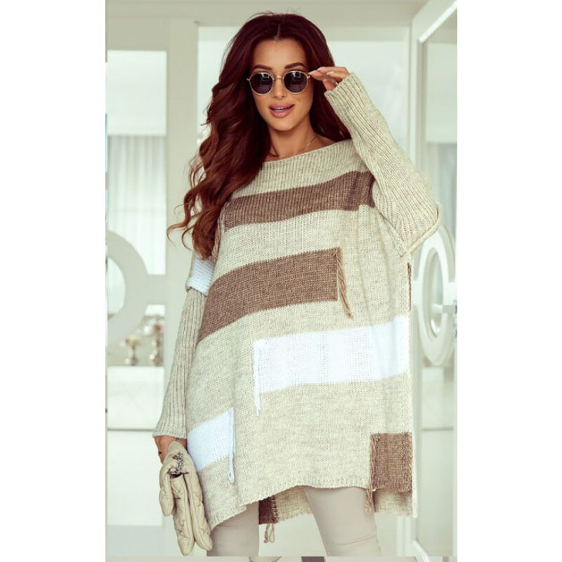 Fashionweek Luxusný voľný pletený sveter ako pončo s bočnými 48752777