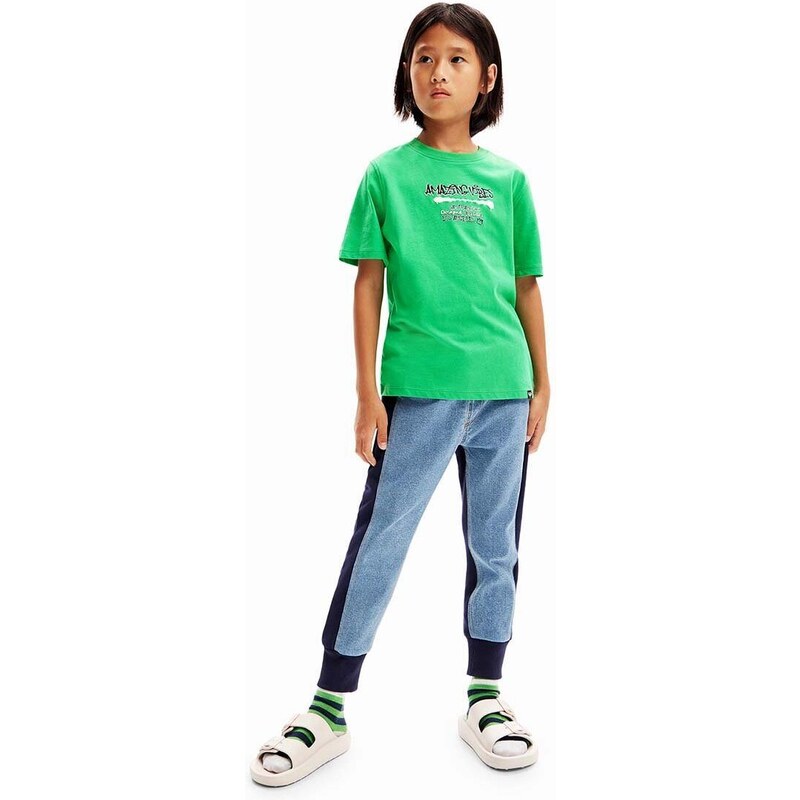 Detské bavlnené tričko Desigual zelená farba, s potlačou