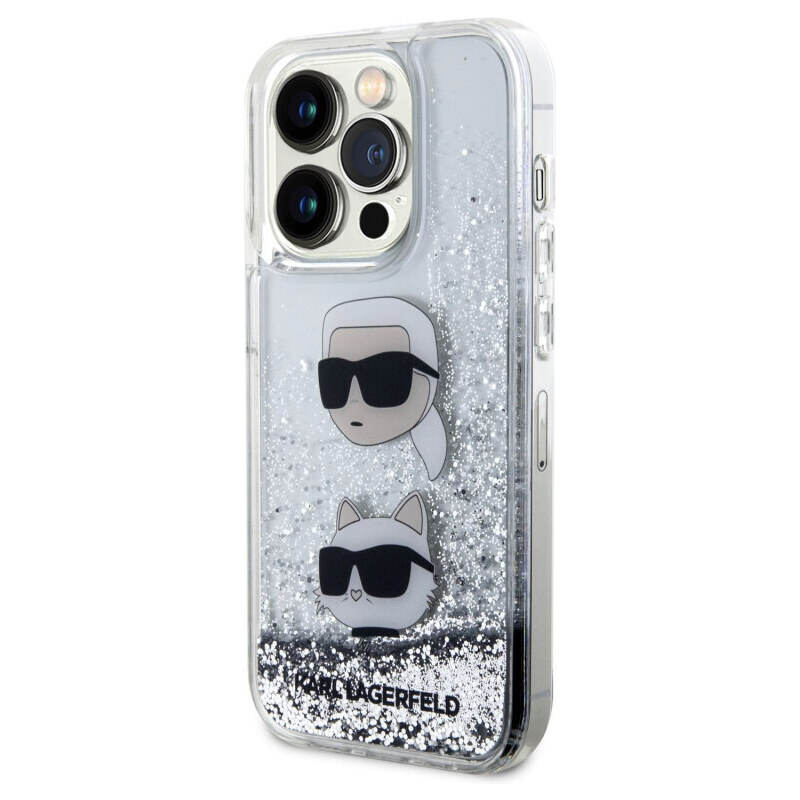 Karl Lagerfeld Liquid Glitter Karl and Choupette Head Case for iPhone 15 Pro Max silber KLHCP15XLDHKCNS